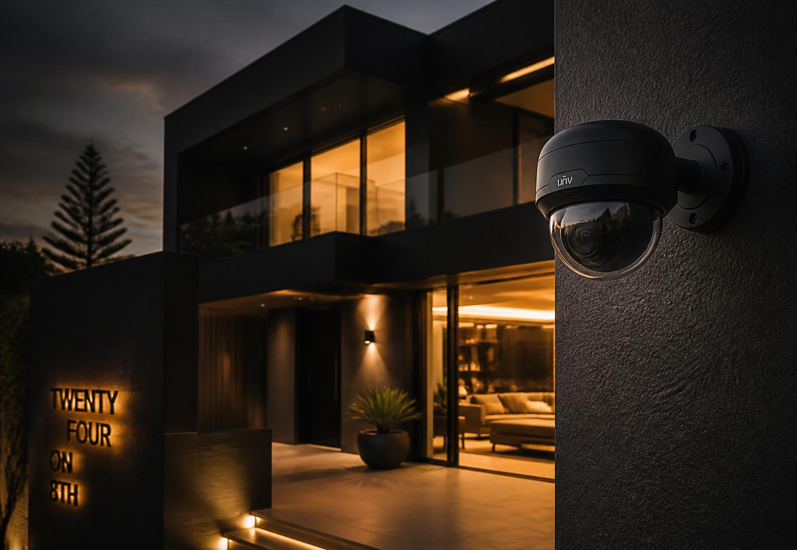 Modern CCTV camera mounted on a contemporary South African home at dusk