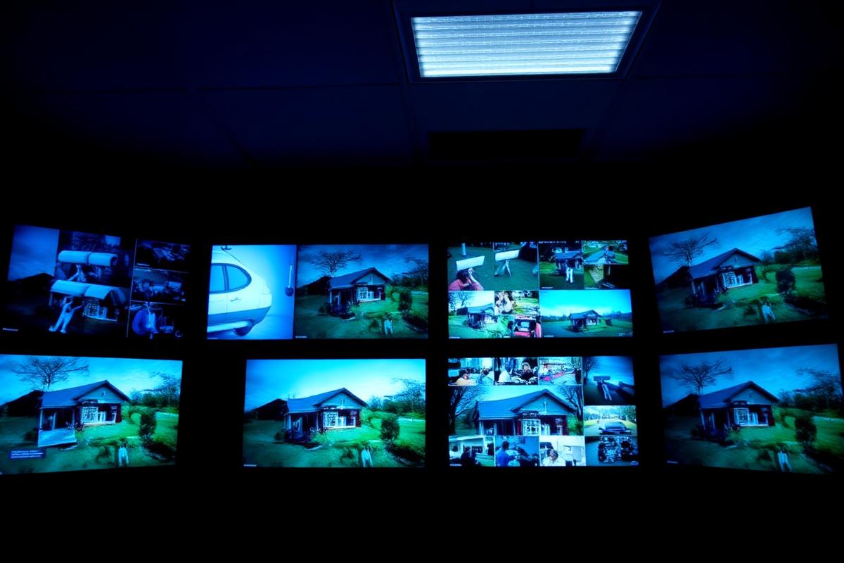 Multiple CCTV camera feeds displayed on a monitoring wall